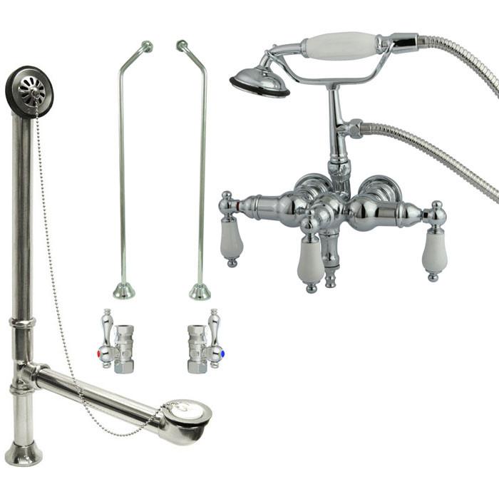 Chrome Wall Mount Clawfoot Tub Faucet w hand shower w Drain Supplies Stops CC24T1system