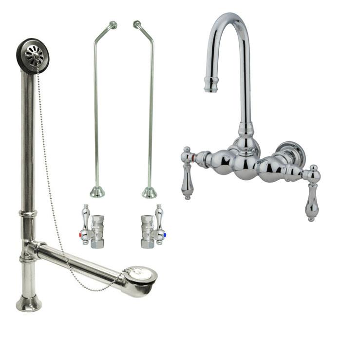 Chrome Wall Mount Clawfoot Tub Faucet Package w Drain Supplies Stops CC2T1system