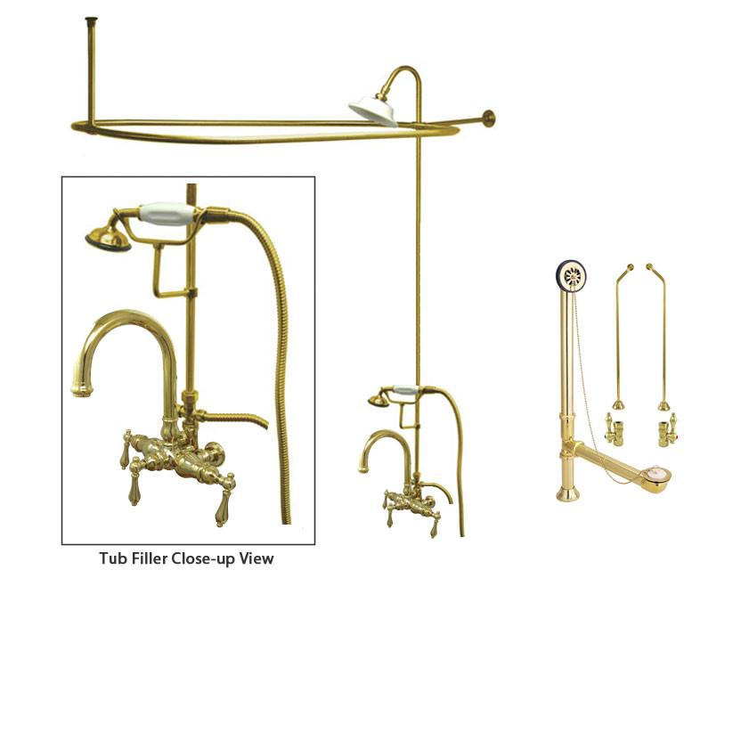 Polished Brass Clawfoot Tub Faucet Shower Kit with Enclosure Curtain Rod 3013T2CTS