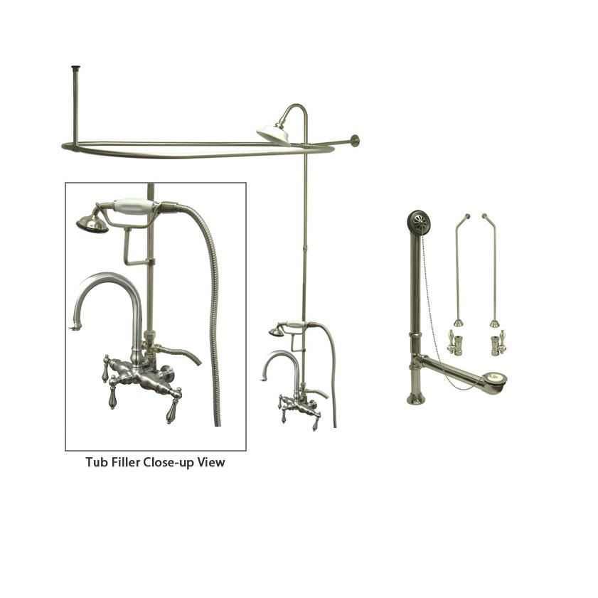 Satin Nickel Clawfoot Tub Faucet Shower Kit with Enclosure Curtain Rod 3013T8CTS