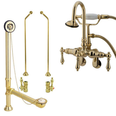 Polished Brass Wall Mount Clawfoot Tub Faucet w hand shower Drain Supplies Stops CC301T2system