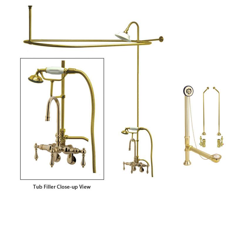 Polished Brass Clawfoot Tub Faucet Shower Kit with Enclosure Curtain Rod 301T2CTS