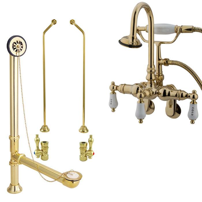 Polished Brass Wall Mount Clawfoot Tub Faucet w hand shower Drain Supplies Stops CC303T2system