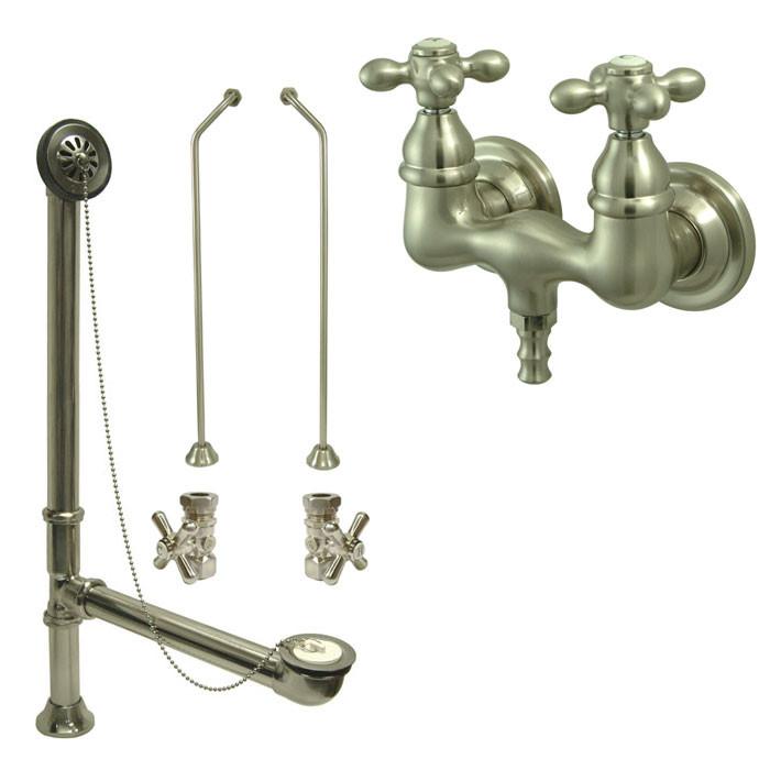 Satin Nickel Wall Mount Clawfoot Bath Tub Faucet Package Supply Lines & Drain CC37T8system