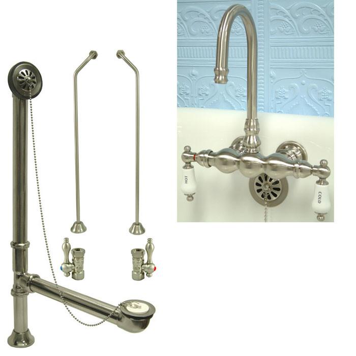 Satin Nickel Wall Mount Clawfoot Tub Faucet Package Supply Lines & Drain CC3T8system