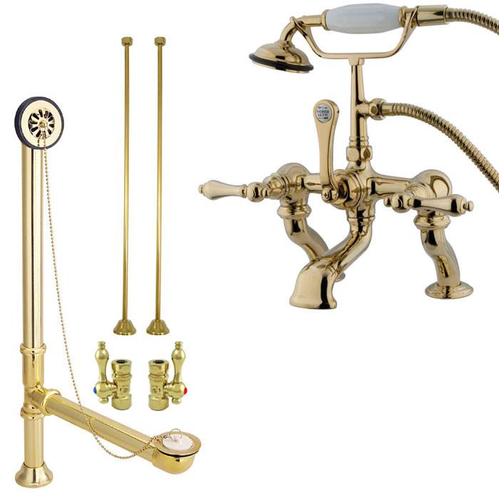 Polished Brass Deck Mount Clawfoot Tub Faucet Package w Drain