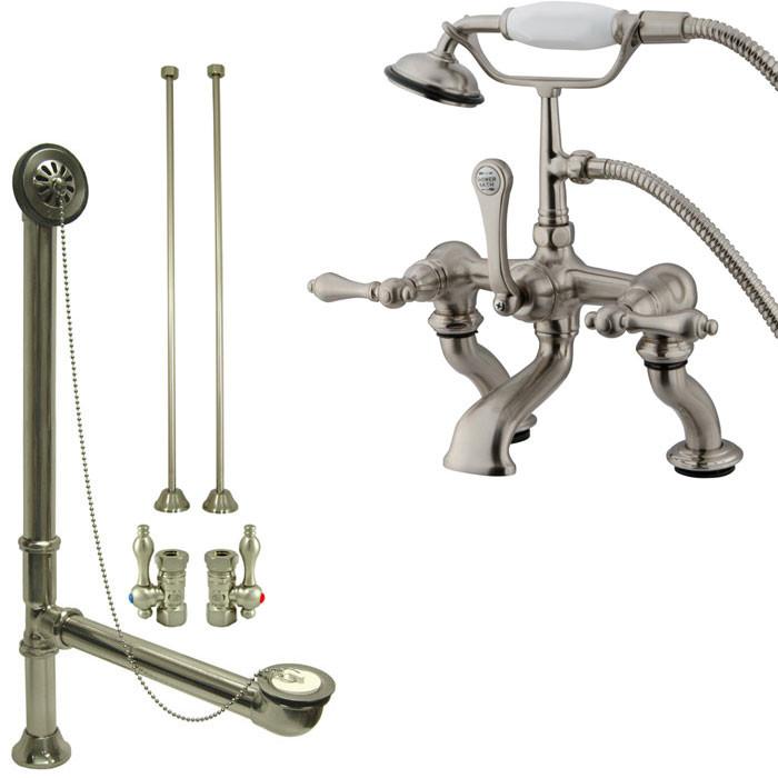 Satin Nickel Deck Mount Clawfoot Tub Faucet w hand shower w Drain Supplies Stops CC409T8system