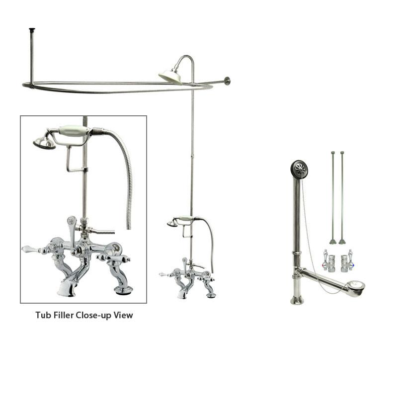 Chrome Clawfoot Bath Tub Faucet Shower Kit with Enclosure Curtain Rod 410T1CTS