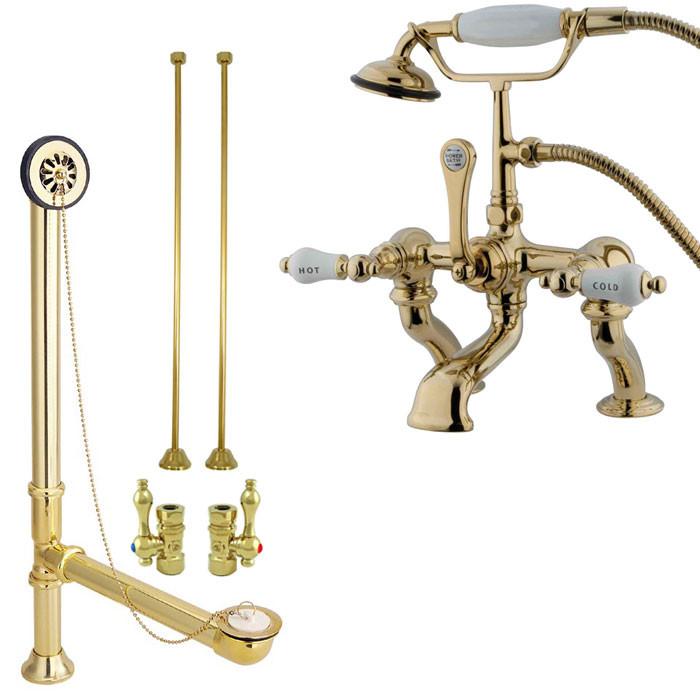 Polished Brass Deck Mount Clawfoot Tub Faucet Package w Drain Supplies Stops CC413T2system