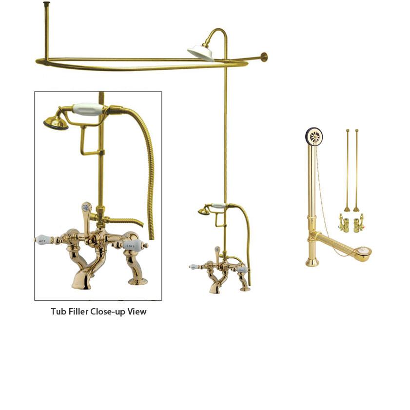 Polished Brass Clawfoot Tub Faucet Shower Kit with Enclosure Curtain Rod 413T2CTS