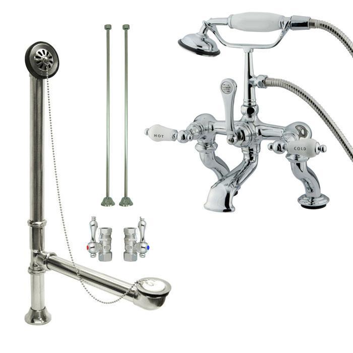 Chrome Deck Mount Clawfoot Tub Faucet w hand shower w Drain Supplies Stops CC414T1system