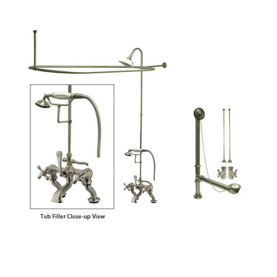 Satin Nickel Clawfoot Tub Faucet Shower Kit with Enclosure Curtain Rod 415T8CTS