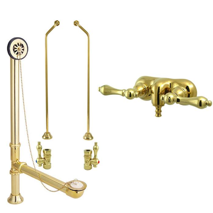 Polished Brass Wall Mount Clawfoot Tub Faucet Package w Drain Supplies Stops CC41T2system