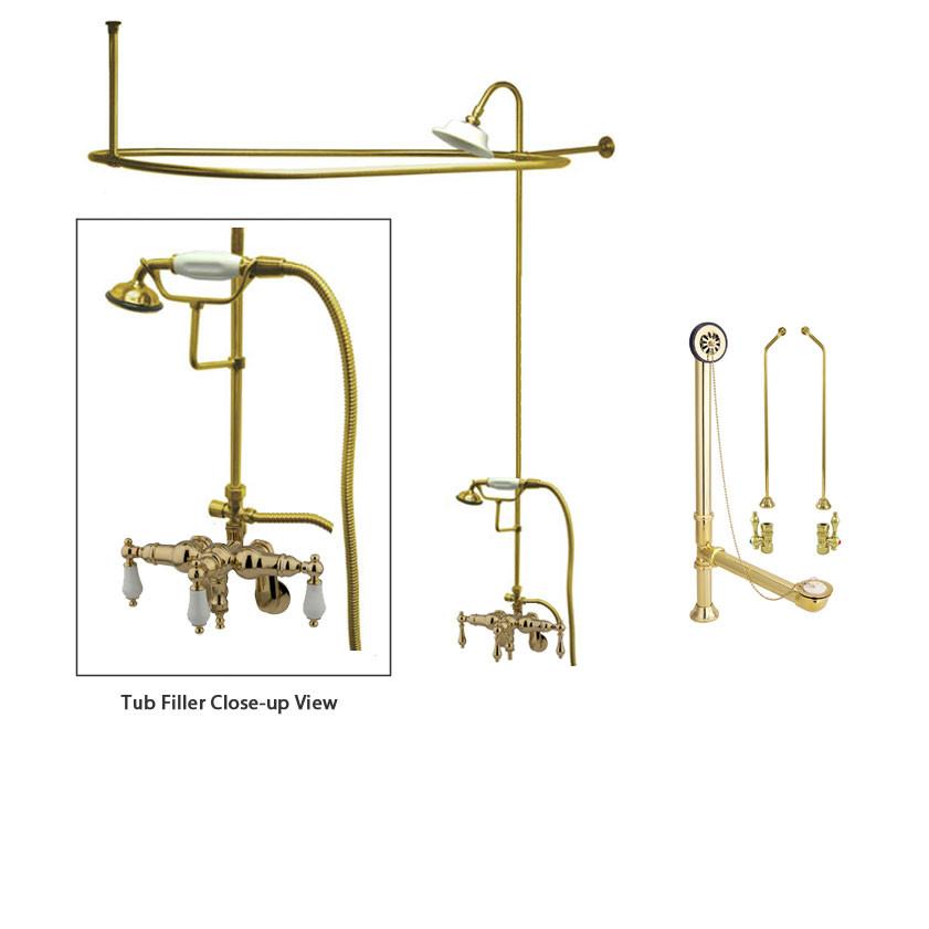 Polished Brass Clawfoot Tub Faucet Shower Kit with Enclosure Curtain Rod 421T2CTS