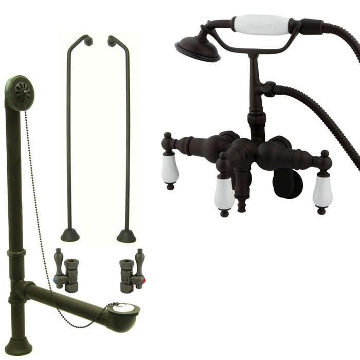 Oil Rubbed Bronze Wall Mount Clawfoot Tub Faucet Package w Drain Supplies Stops CC421T5system