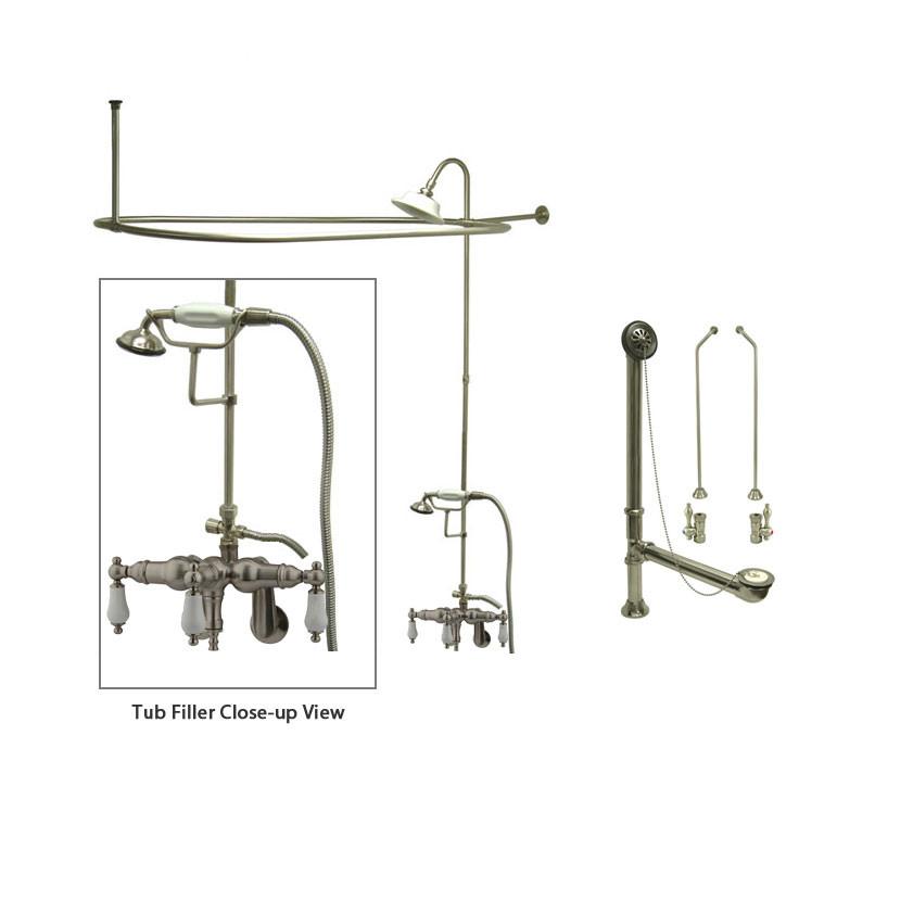 Satin Nickel Clawfoot Tub Faucet Shower Kit with Enclosure Curtain Rod 421T8CTS