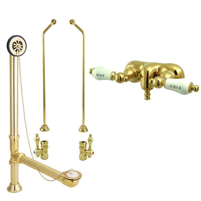 Polished Brass Wall Mount Clawfoot Tub Faucet Package w Drain Supplies Stops CC43T2system