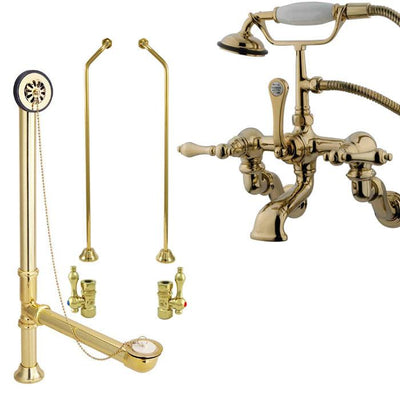 Polished Brass Wall Mount Clawfoot Tub Faucet Package w Drain Supplies Stops CC457T2system