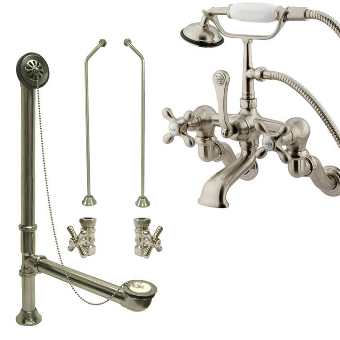 Satin Nickel Wall Mount Clawfoot Tub Faucet w hand shower w Drain Supplies Stops CC463T8system