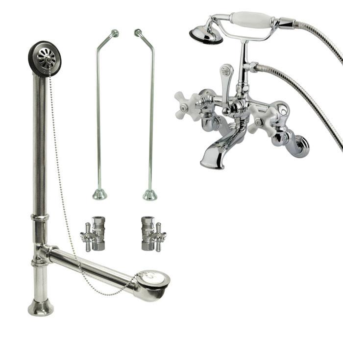 Chrome Wall Mount Clawfoot Tub Faucet w hand shower w Drain Supplies Stops CC466T1system