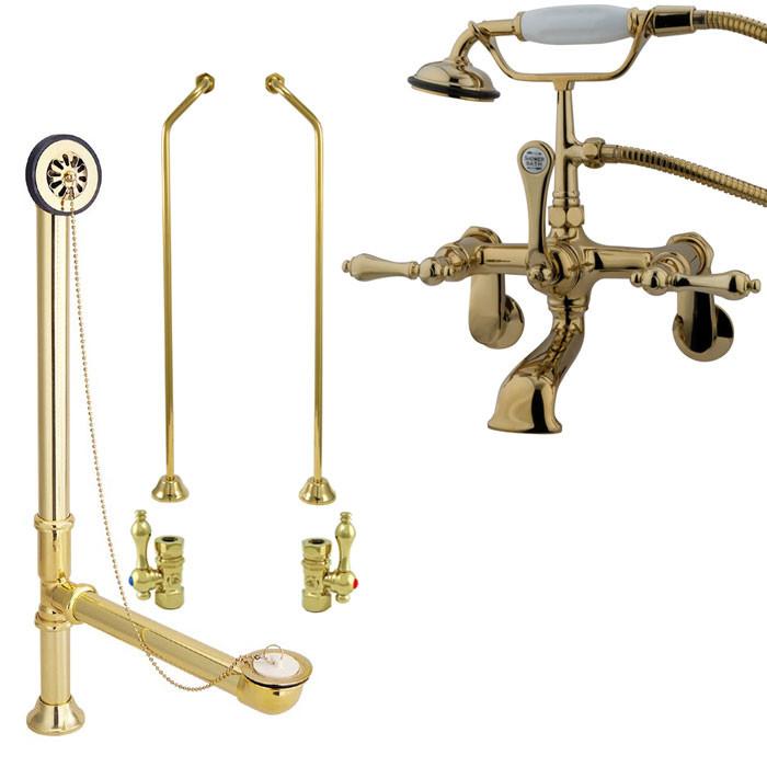 Polished Brass Wall Mount Clawfoot Tub Filler Faucet w Hand Shower Package CC51T2system