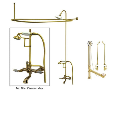 Polished Brass Clawfoot Tub Faucet Shower Kit with Enclosure Curtain Rod 543T2CTS