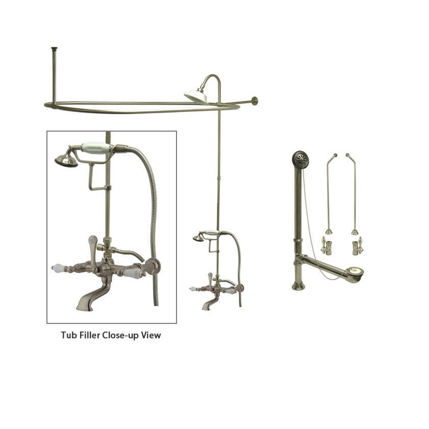 Satin Nickel Clawfoot Tub Faucet Shower Kit with Enclosure Curtain Rod 543T8CTS