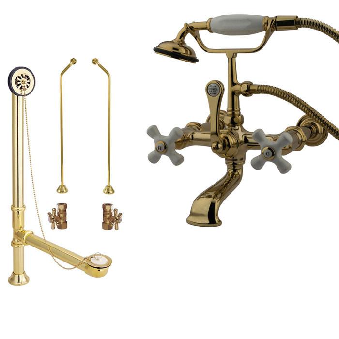 Polished Brass Wall Mount Clawfoot Tub Filler Faucet w Hand Shower Package CC549T2system