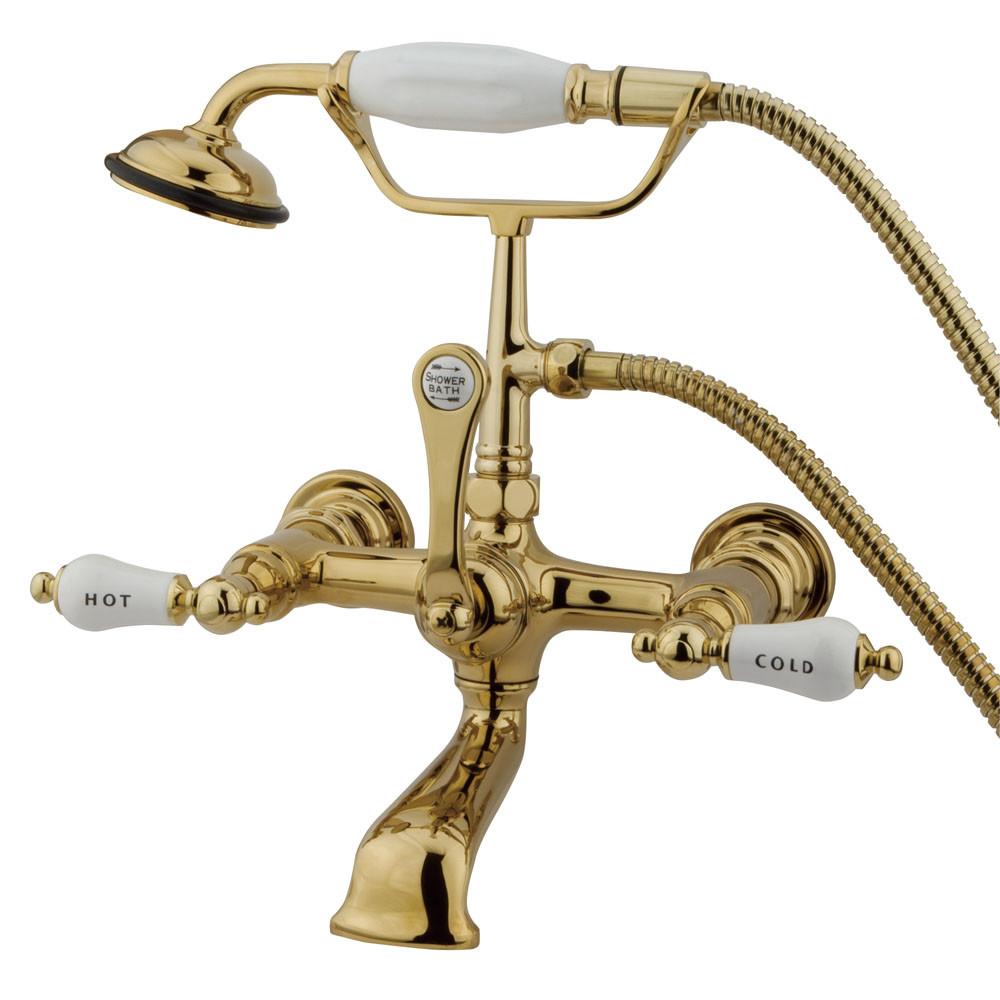 Kingston Polished Brass Wall Mount Clawfoot Tub Faucet w Hand Shower CC555T2