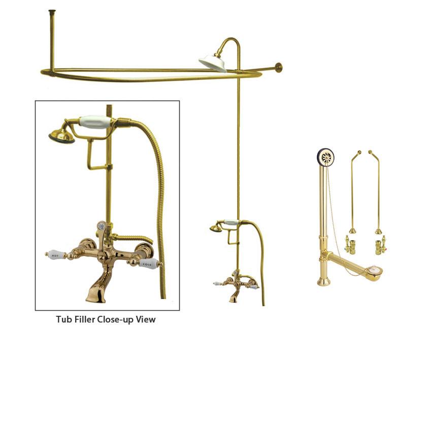 Polished Brass Clawfoot Tub Faucet Shower Kit with Enclosure Curtain Rod 555T2CTS