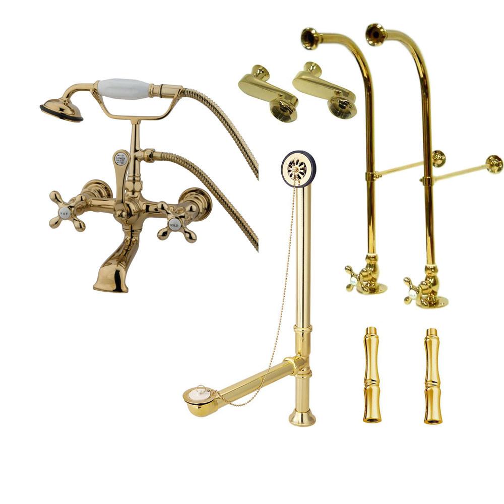 Freestanding Floor Mount Polished Brass Metal Cross Handle Clawfoot Tub Filler Faucet with Hand Shower Package 557T2FSP
