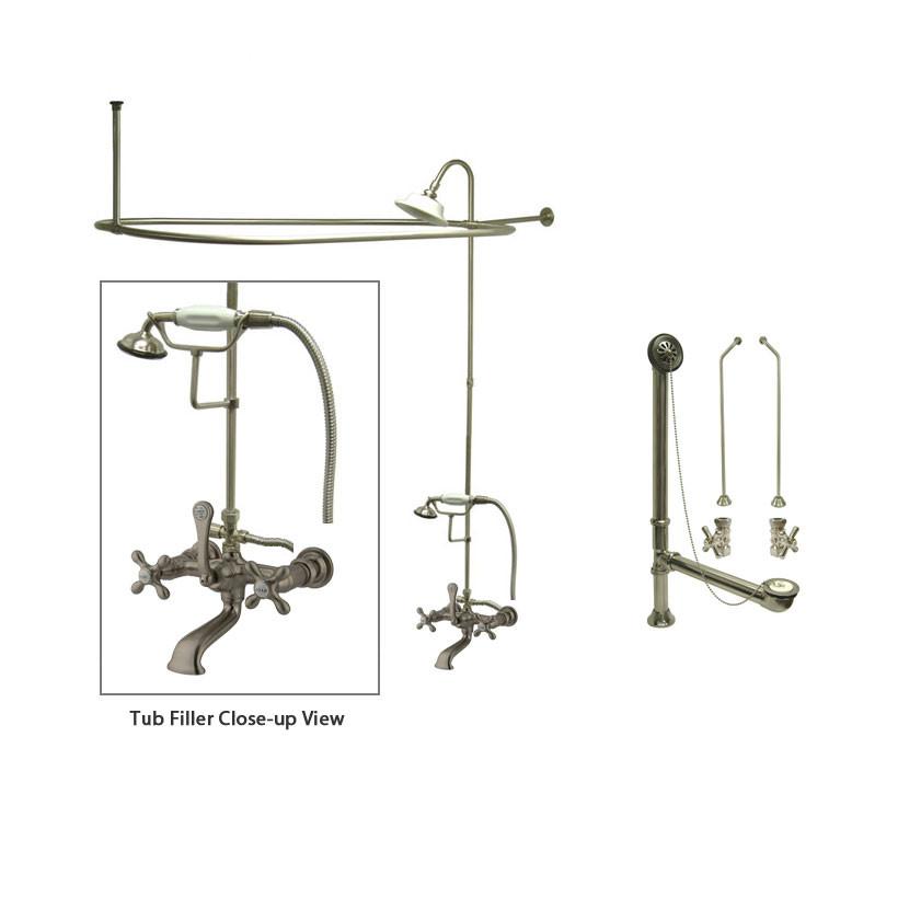 Satin Nickel Faucet Clawfoot Tub Shower Kit with Enclosure Curtain Rod ...