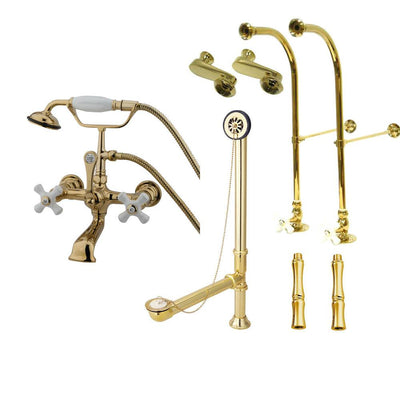 Freestanding Floor Mount Polished Brass White Porcelain Cross Handle Clawfoot Tub Filler Faucet with Hand Shower Package 559T2FSP