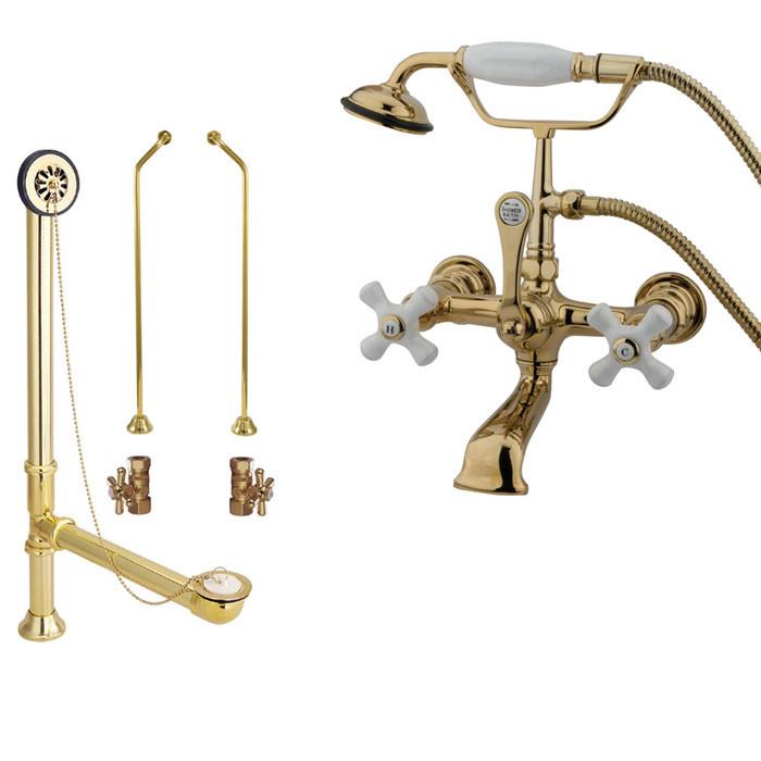 Polished Brass Wall Mount Clawfoot Tub Filler Faucet w Hand Shower Package CC559T2system