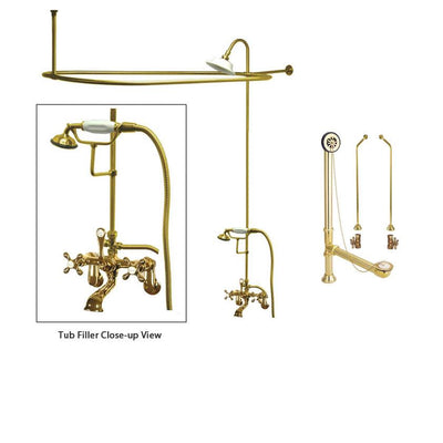 Polished Brass Clawfoot Tub Faucet Shower Kit with Enclosure Curtain Rod 57T2CTS