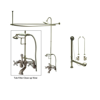 Satin Nickel Clawfoot Tub Shower Faucet Kit with Enclosure Curtain Rod 59T8CTS