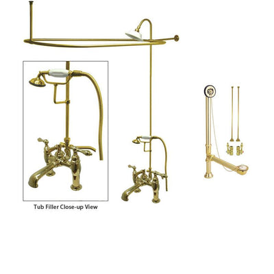 Polished Brass Clawfoot Tub Faucet Shower Kit with Enclosure Curtain Rod 603T2CTS