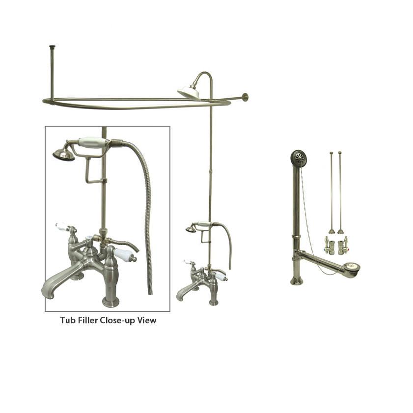 Satin Nickel Clawfoot Tub Faucet Shower Kit with Enclosure Curtain Rod 605T8CTS