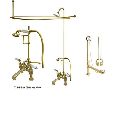 Polished Brass Clawfoot Tub Faucet Shower Kit with Enclosure Curtain Rod 607T2CTS
