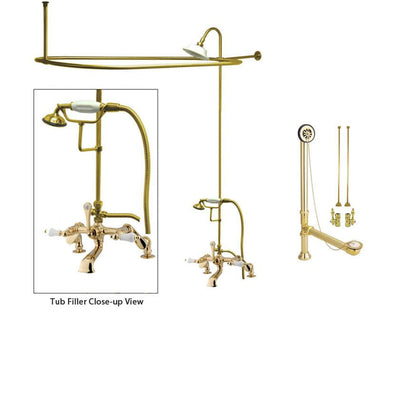 Polished Brass Clawfoot Tub Faucet Shower Kit with Enclosure Curtain Rod 655T2CTS