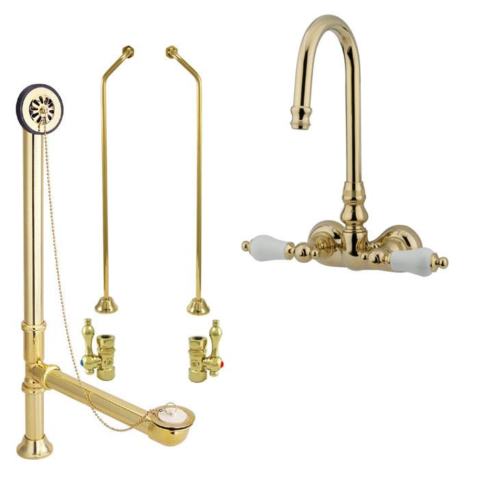 Polished Brass Wall Mount Clawfoot Tub Faucet Package Supply Lines & Drain CC75T2system