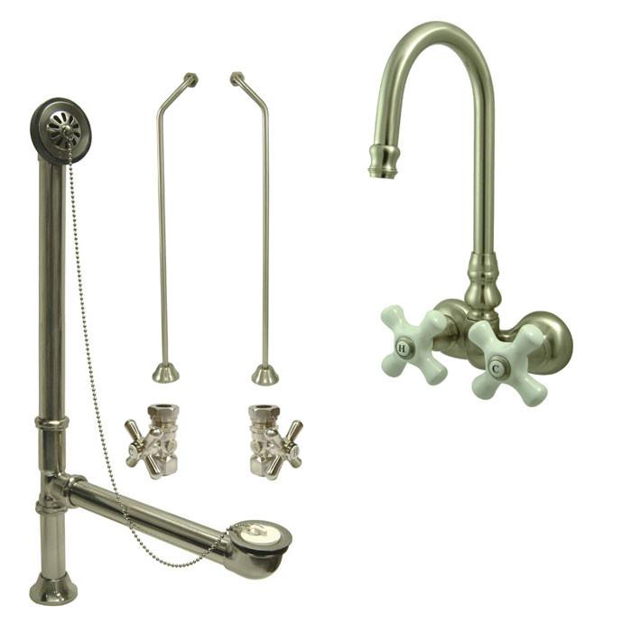 Satin Nickel Wall Mount Clawfoot Bathtub Faucet Package Supply Lines & Drain CC79T8system
