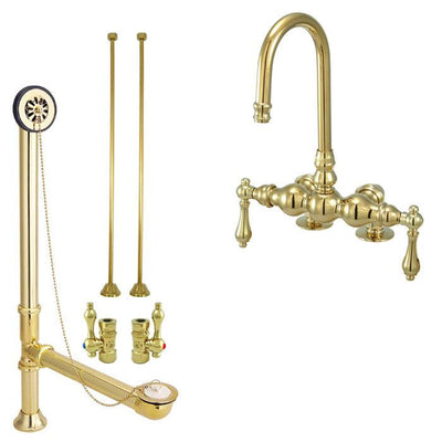 Polished Brass Deck Mount Clawfoot Tub Faucet Package Supply Lines & Drain CC91T2system
