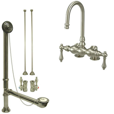 Satin Nickel Deck Mount Clawfoot Bathtub Faucet Package Supply Lines & Drain CC91T8system