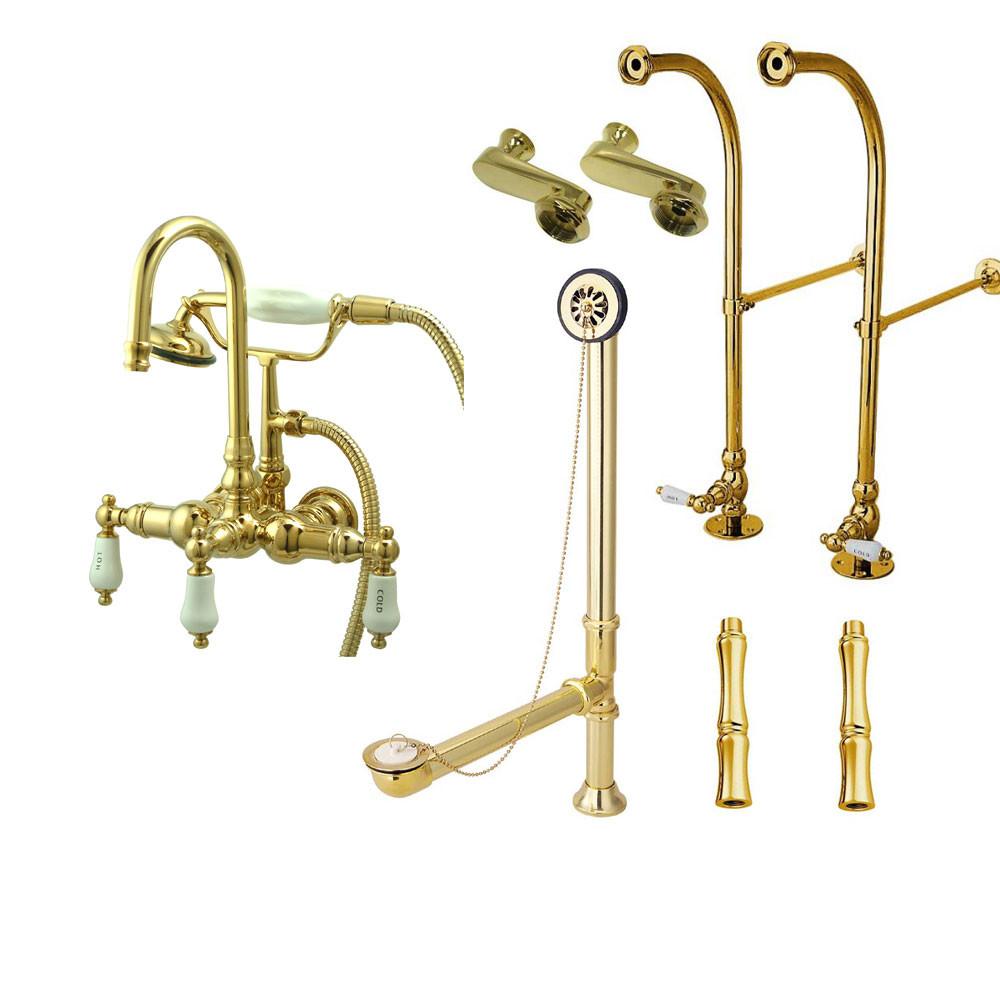 Freestanding Floor Mount Polished Brass Hot/Cold Porcelain Lever Handle Clawfoot Tub Filler Faucet with Hand Shower Package 9T2FSP