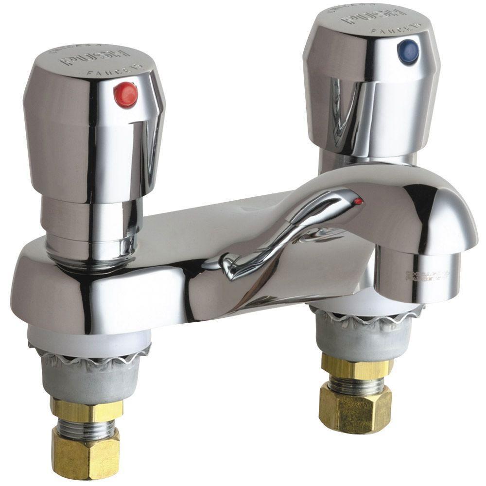Chicago Faucets 4 inch Centerset 2-Handle Low Arc Bathroom Faucet in Chrome with Metering Push Button Handles 462770