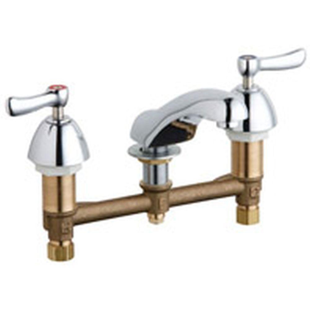 Chicago Faucets 8 inch Widespread 2-Handle Low Arc Bathroom Faucet in Chrome with 5 inch Center to Center Rigid Cast Brass Spout 469178