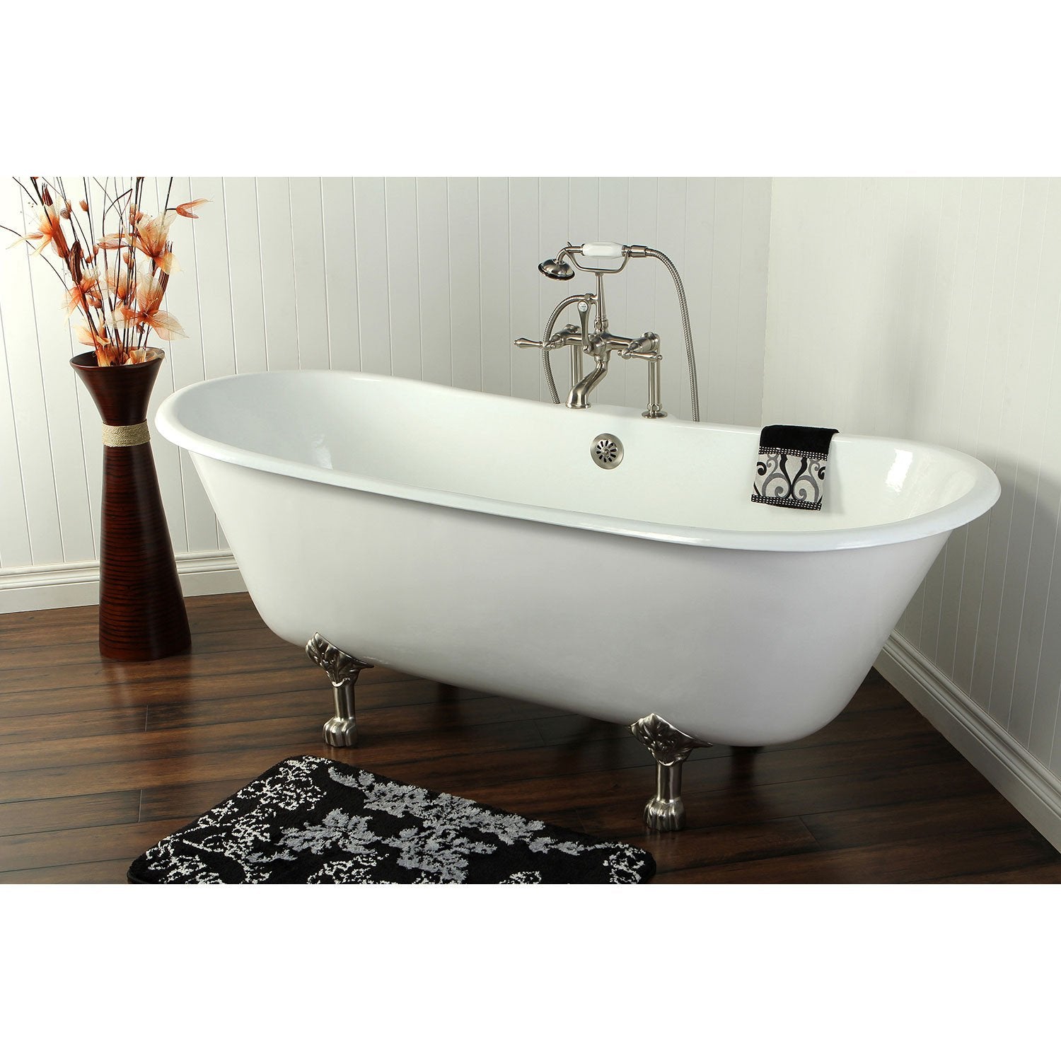 67" Cast Iron Slipper Clawfoot Tub and Satin Nickel Tub Hardware Package CTP04