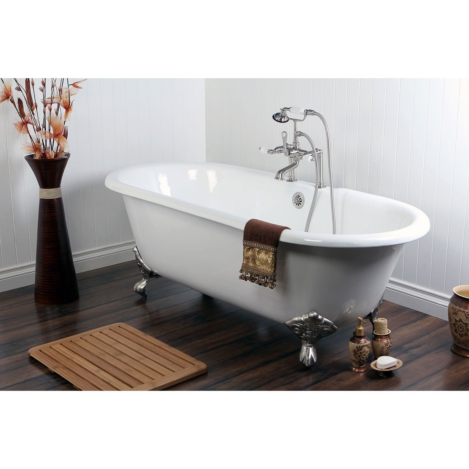 66" Cast Iron Claw Foot Tub w/ Satin Nickel Tub Faucet & Hardware Package CTP16