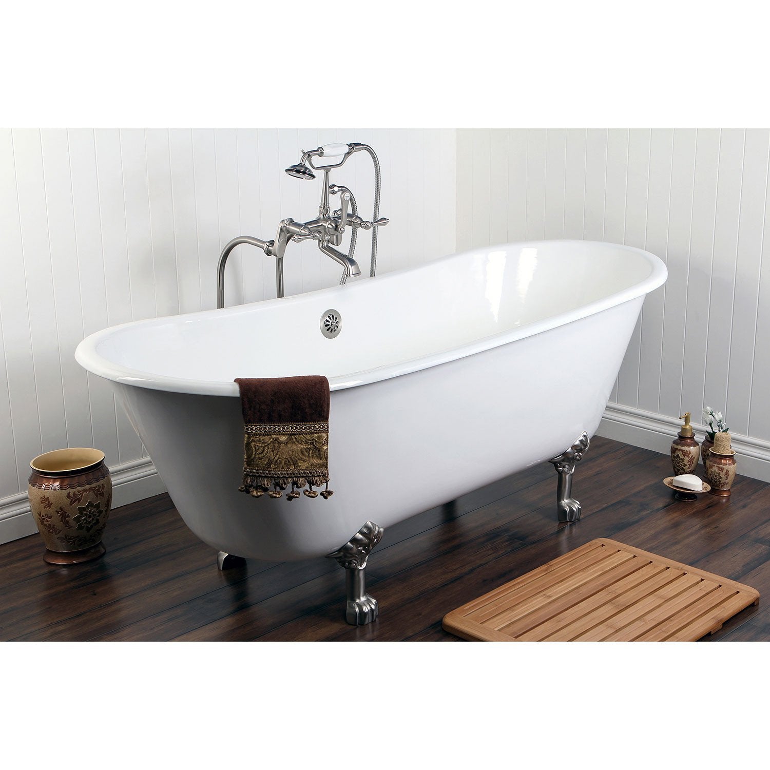 67" Clawfoot Tub w Freestanding Satin Nickel Tub Faucet & Hardware Package CTP35